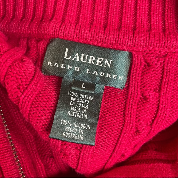 Lauren Ralph Lauren Large Red Embroidered Cable Knit Quarter Zip Sweater - Picture 6 of 7